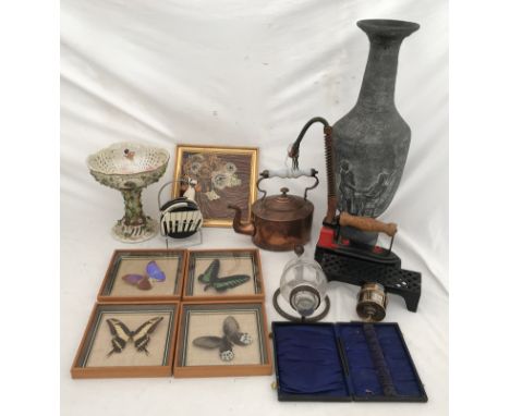A miscellany to include 4 framed butterflies each 18.5cms square, continental ceramic pedestal dish 22cms h, frames tile 25 x