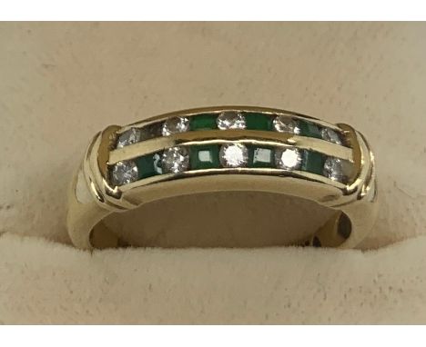 Three gem stone set gold rings to include sapphire and diamond marked 10k size M, emerald and diamond set in 9ct gold size P 