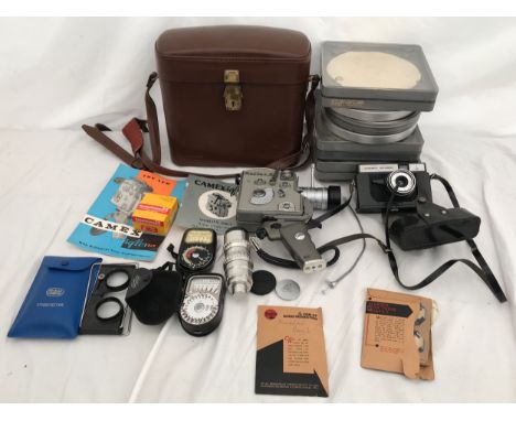 A Camex Reflex 8 movie camera with leather case and accessories, 2 Weston light meters, empty film reels, OMO cosmic symbol c