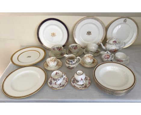 A quantity of tea ware to include 5 Coalport crested plates, 2 chateau, one gold wheat, one initialled and one Greek Key all 