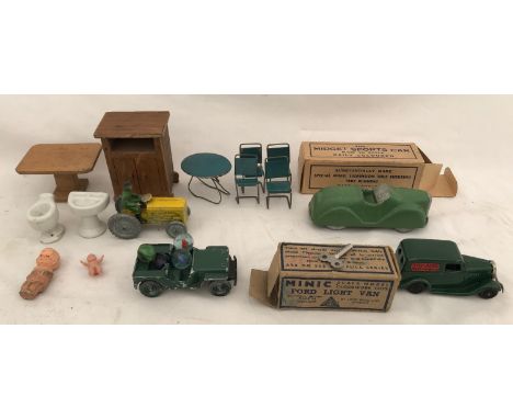 Triang Minic tinplate clockwork Ford light van with box and key and TP Series Midget Sports Car with box together with tin an