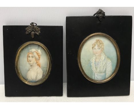 Two framed portrait  miniatures, one bearing the signature Cosway ? of "Lady Montgreaves" 6 x 5cms, other unsigned "Princess 