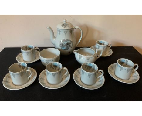 A Wedgewood "Travel" coffee service designed by Ravilious comprising : coffee pot, milk, sugar and six coffee cans and saucer