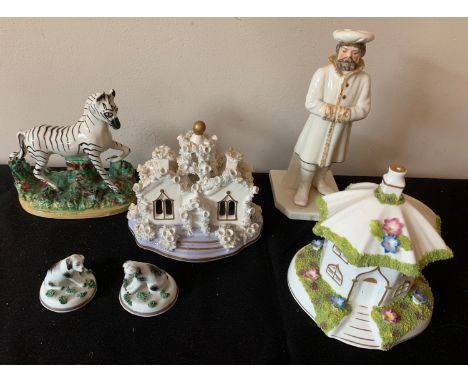 Ceramics to include 19thC Staffordshire zebra, two small dogs, 'The Umbrella House' by Coalport Worcester figurine pastille b