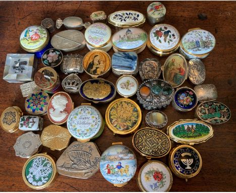 A large collection of small enamelled, shell and .925 pill boxes to include Crummles &amp; Co , Staffordshire enamels etc.Con