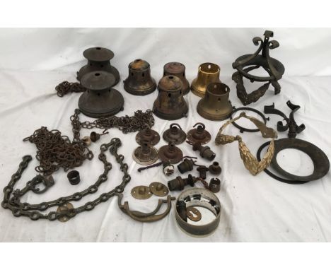A selection of brass and metal ceiling light fittings, galleries some stamped Holophane, ceiling hooks, brass and iron chains
