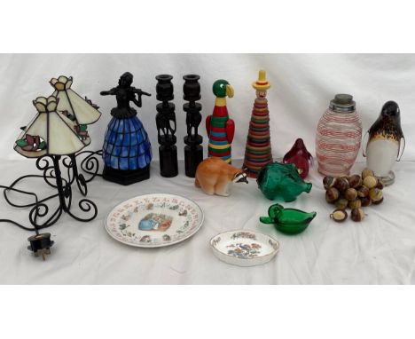 Mixed lot of pottery and glassware, two Brio wooden toys, pair of ebony elephant candlesticks, two Tiffany style tea candle b