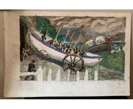 Rachel B. Reckitt 1908-1955 oil on board 1928 "Watchet Lifeboat" 61cms x 91cms. The first lifeboat was in 1875 and closed in 