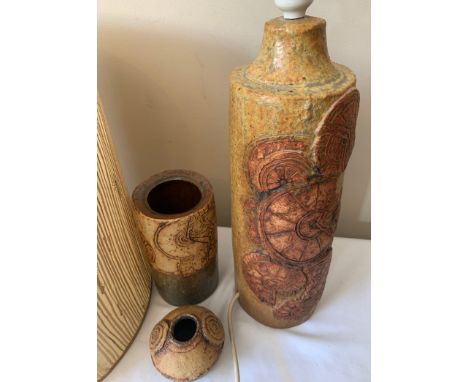 Three pieces of signed Bernard Rooke studio pottery of textured forms to include a table lamp with original shade and two vas