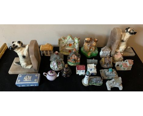 Ceramics including 19th &amp; 20thC houses etc, Wedgwood lidded pot, ceramic dog and onyx bookends,  miniature Crown Stafford