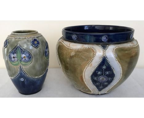Royal Doulton stoneware jardinere 18cms h x 23cms w and a vase 17.5cms h. Artist initialled M. B. to base.Condition ReportVer