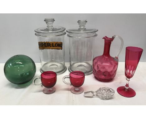 Glassware to include 2 spice jars with embossed stamp, one labelled "Piper Long" 26cms h, ruby glass decanter, 2 small glasse