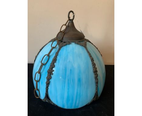 A blue glass and metal hanging lamp shade, 34cms h x 31cms d.Condition ReportGood condition.