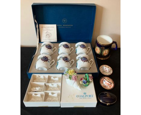 Boxed Royal Worcester chocolate pots, boxed Coalport place name holders, 2 miniature Royal Crown Derby cups and saucers, Roya