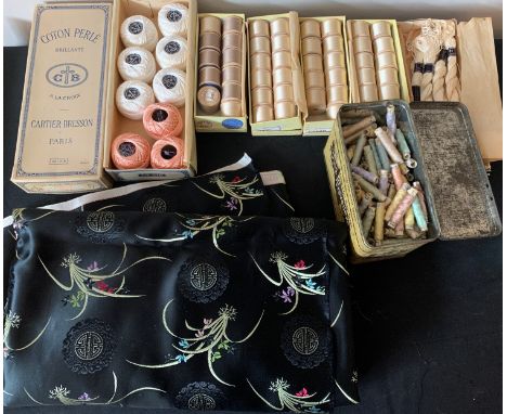 Cook &amp; Co. Ring Traveller tin full of Traveller threads, 4 boxes Pearsalls buttonhole silk twist thread, French Perle cot