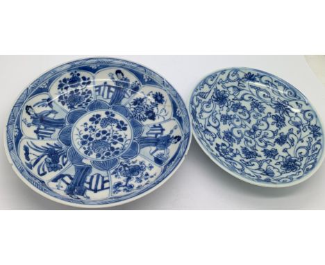 Two Chinese blue and white porcelain saucers, both repaired and the larger one with 3 chips. Larger saucer 12.5cms.Condition 