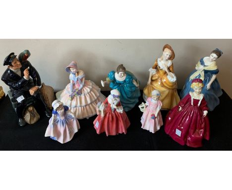 Eight Royal Doulton figurines including Shore Leave HN2254, Day Dreams HN143, Rhapsody HN2267, Adrienne HN2304, Sandra HN2275