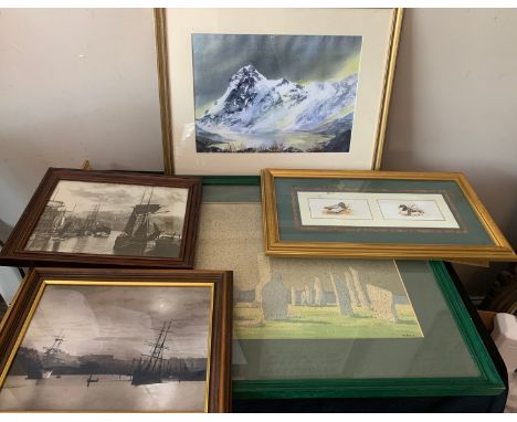 Two watercolour landscapes, M. Tordoff of the lake district and Ann Pugh '81 Stonehenge, 2 Sutcliffe prints of Whitby, a Farq