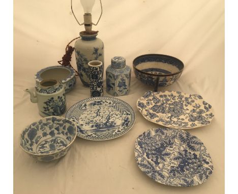 A blue and white pottery selection comprising Chinese table lamp 26cms h, hexagonal ginger jar 17cms h, teapot missing lid, b