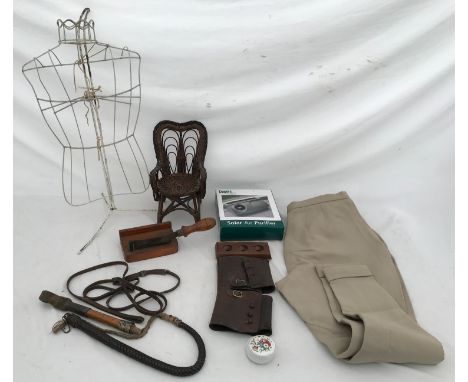 Mixed lot to include a pair of Joppers, waist 30'', leather riding crop, ankle leather braces, pipe stand, chopping board, do