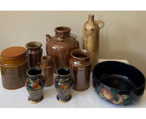 Six various brown glazed pots, three pieces of Royal Stanley pottery to include a bowl and 2 vases and a Hornsea Pottery lidd