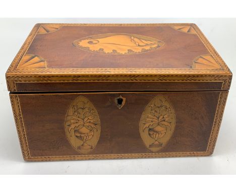 A 19thC mahogany and inlaid tea caddy 10.5 11.5 x 11cms h.Condition ReportSome minor repairs to veneer, hinge slightly sprung