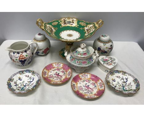 Pottery selection, green and gilt centrepiece with painted panels 21cms d, 2 x Chinese ginger jars 13cms h, Minton Saucers an