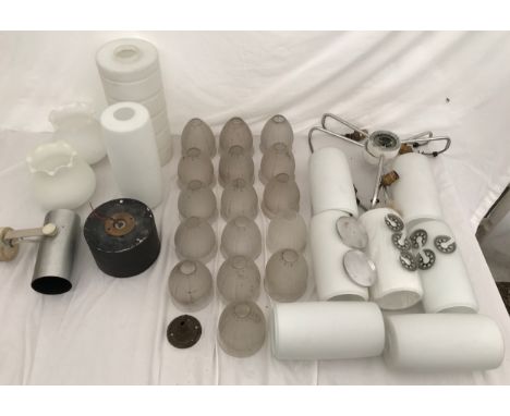 Mid century ceiling light shades: pair of steel 3 branch fittings with white glass shades 21cms h, 16 frosted glass shades 11