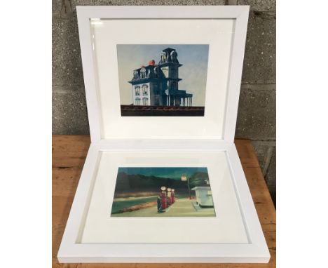 Pair of Edward Hopper prints in white frames. Gas 1940 print size 19 h x 28cms w and House by the railroad 1925, print size 2
