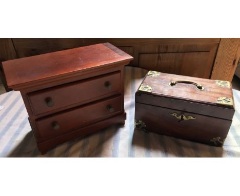 Brass mounted mahogany tea caddy, lead line interior 22 w x 13 d x 12cms h together with a two drawer jewellery box, 19.5 h x