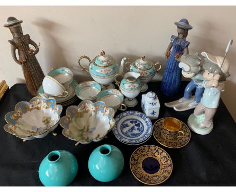 Ceramics including Noritake coffee service, 2 small blue/white plates, two Elsi Bourelius Swedish pottery flower girls, two L