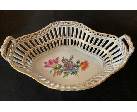 A Dresden basket with gilt and floral decoration in original Asprey box. 21cms w.Condition ReportVery good condition.