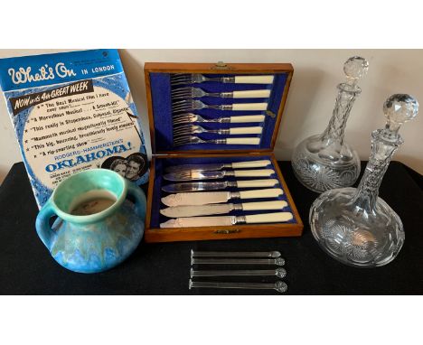 Miscellany including 2 glass decanters, boxed fish knives &amp; forks, glass sugar crushers, 'Whats on in London' 1956 leafle