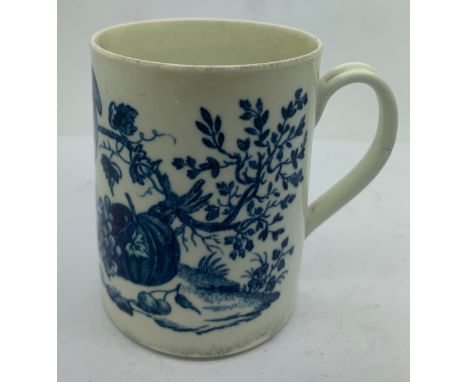 A late 18thC Worcester blue and white mug printed with the Parrot Pecking Fruit pattern. 8.5cms h.Condition ReportFiring crac