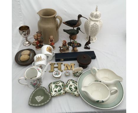 A mixed lot of pottery to include Hummel figures, creamware vase 28cms h, Susie Cooper plate 25cms d and two jugs, Masons ash