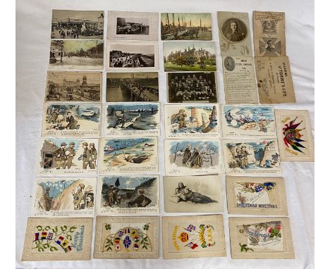 A collection of postcards to include sketches of Tommy's life in France, embroidered postcards and various photograph postcar