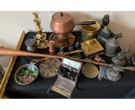 Miscellany including Busch Thailar, 3 1/2 X opera glasses, R W Wheeldon, 239 Boulevard Hull, copper fondue set, pewter tobacc