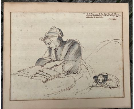 A pen and ink sketch inscribed in 1848 "My father used to say that this sketch was supposed to be Hogarth's and that the styl