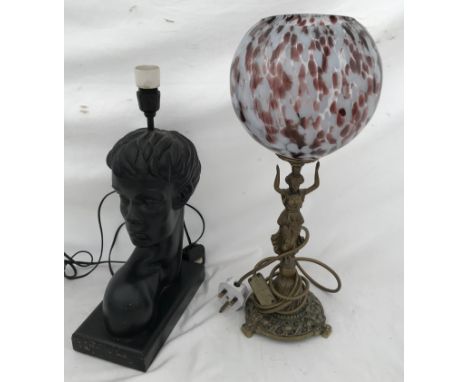 Two table lamps. A black painted pottery bust of an African lady 40cms h to light fitting together with a decorative brass la