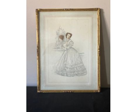 M C Walker, pencil and watercolour sketch of a lady in a crinoline dress signed lower right.  35 x 25.5cms.Condition ReportSo