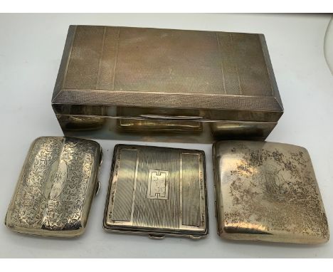 Silver cigarette box, engine turned decoration, Birmingham 1926, maker Charles S. Green &amp; Co Ltd together with 3 silver c