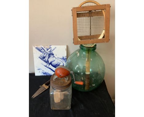 A miscellany to include Slazenger tennis racket in press, Blow butter churn, sheers, a green glass carbuoy and a blue and whi