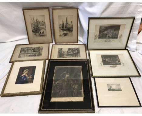 Selection of nine prints including a set of 4 signed engravings by Henry G walker of York, Torquay, Dartmouth and Brixham Lan