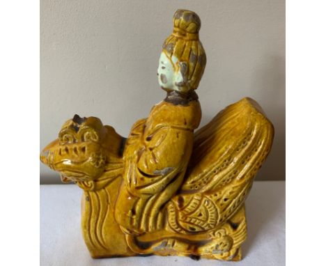 A vintage Chinese glazed pottery roof ridge tile. By repute from Beijing.Condition ReportLoose head and glued. Some chips to 