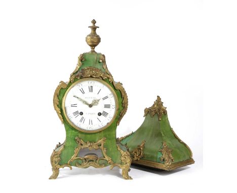 A FRENCH LOUIS XV CORNE VERTE AND ORMOLU MOUNTED CLOCK AND BRACKETBY FESTEAU, PARIS, MID-18TH CENTURYthe brass eight day move