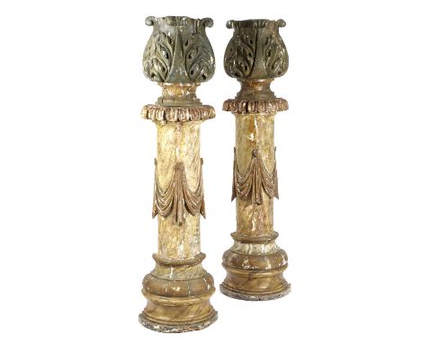 A PAIR OF POLYCHROME PAINTED PINE HALF-COLUMNSPROBABLY ITALIAN, 19TH CENTURY AND LATEReach decorated to simulate marble, with