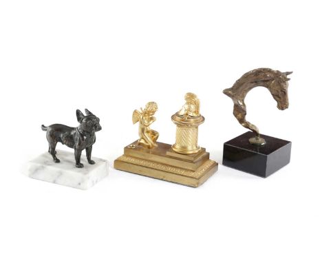 A BRONZE FIGURE OF A FRENCH BULLDOGFRENCH, LATE 19TH CENTURYstanding on a Carrara mable base, together with a gilt metal inkw