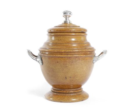 A COCONUT AND SILVER MOUNTED TEA CADDY AND COVERBY MAPPIN & WEBB, HALLMARKED SHEFFIELD 1904the ovoid body with turned, banded