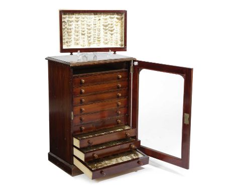 λ A PINE COLLECTOR'S CABINET OF BUTTERFLIES AND MOTHSMAINLY BRITISH, 20TH CENTURYthe glazed door enclosing ten glass topped d