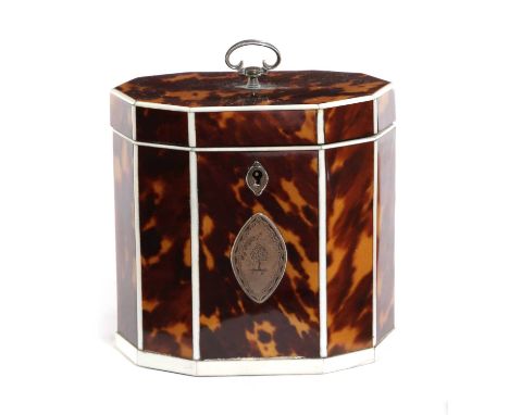 λ A GEORGE III TORTOISESHELL, IVORY AND SILVER MOUNTED TEA CADDYLATE 18TH CENTURYof dodecagonal form, the cover with a hinged